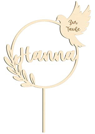 Alsino Cake Topper personalisiert Name, Wunschtext, Gravur - Geburt, Geburtstag, Taufe, Geburt, Kommunion, Konfirmation - aus nachhaltigem Holz, (LA-74) Taufe mit Taube graviert