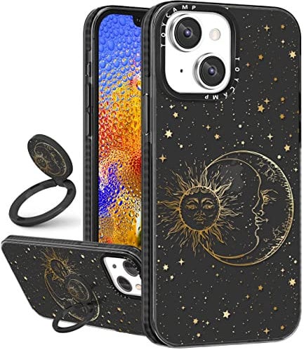 Toycamp for iPhone 15 Case with Ring Holder, Cute Sun Moon Stars Fantasy Glitter Print Designed Fun Funny Shockproof Protective Designer Phone Cases for iPhone 15 for Women Girls Boys Teens Kids