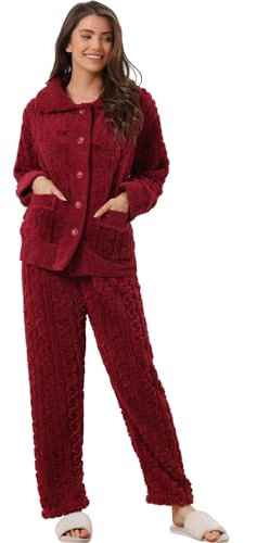 cheibear Pigiama da donna in morbido pile con tasche calde e bottoni a maniche lunghe, Rosso, M