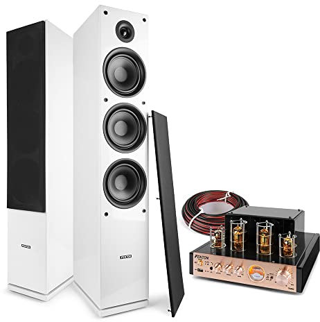 Fenton Tower Sound System with Floor Standing Speakers & HiFi Valve Amplifier, Bluetooth Stereo Audio System, Home Cinema SHF80W Loudspeakers Set, Vintage Tube Amp, USB Playback - White