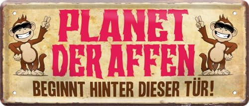 schilderkreis24 Blechschild 28×12 cm – lustige Sprüche – robuste Metall-Wanddeko für Zuhause, Büro & Shop (Planet der Affen beginnt hinter dieser Tür!)