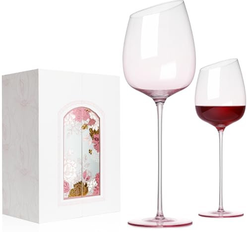 NUTRIUPS Pink Wine Glasses, Hand-Blown, Long Stem 50cl Crystal Glasses, Red Wine Glasses & Gift Box, Lead-Free, Unique Gift for Women/Her