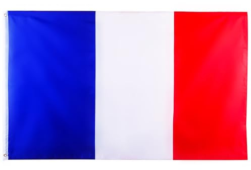 Grand drapeau français 1,5 x 0,9 m en polyester double face – Œillets en laiton pour décorations de France, fêtes de coupe du monde de football, événements sportifs, utilisation en extérieur et en