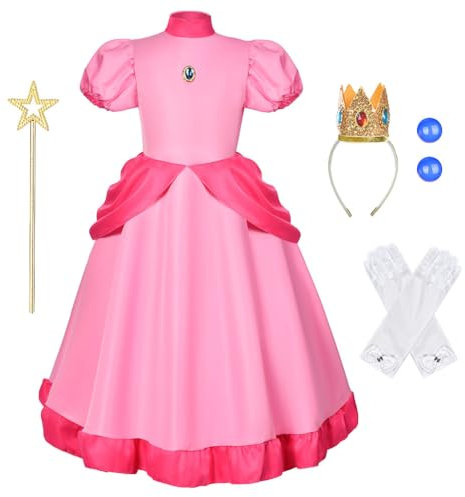 Aomig Prinzessin Mädchen Kostüm 5Teiliges Set Costume for Girls Rosa Kleid Kinder Kostüm Krone Diadem Zauberstab Handschuhe Ohrringe Princess Kostüm Verkleidung Karneval Halloween Geburtstag Party 150