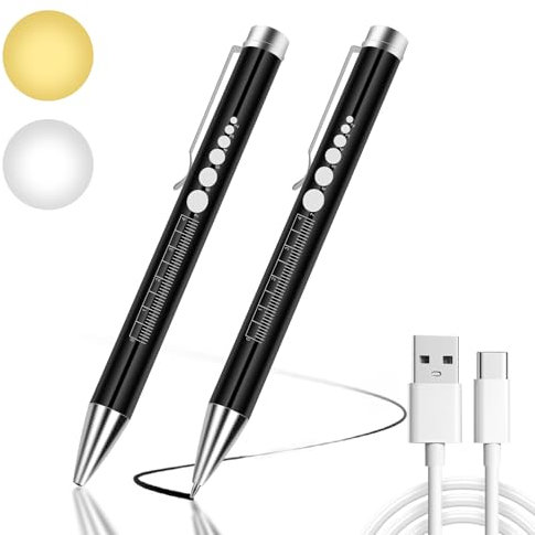 Flintronic 2PC Pupillenleuchte Medizin, Diagnostikleuchte Krankenschwester Rettungsdienst Zubehör, mit Pupillenmessgerät & Lineal & Beschreibbarer Mine, USB LED Stiftlampe für Krankenschwester Ärzt