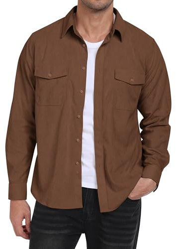 MoFiz Chemise en Velours Côtelé Homme Veste Chemise Boutonnée à Manches Longues Chaude Décontracté Haut Automne Hiver avec Poches Marron EU S