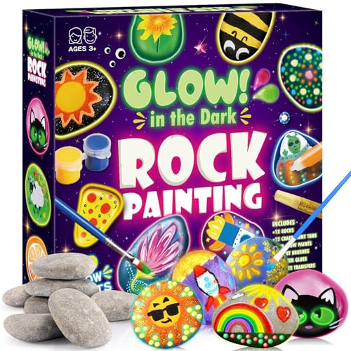 Glow Rock Painting Kit, Arts and Crafts for Kids Age 5 6 7 8 9 10 Toys for 6 7 8 9 10 Year Old Girls Craft Kits for Girls Boys Age 6-12 Glow in The Dark Painting Set for Kids 6-12 Birthday Gifts