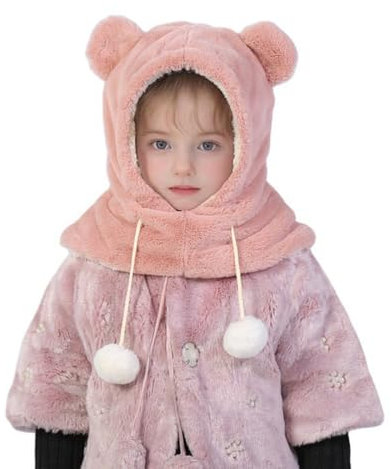 2 in 1 Kinder Wintermütze Schal Set, Plüsch Bär Ohren Hut, Niedlich Schlupfmütze, Warm Schalmütze Plüsch, Mädchen Warm Niedlich Schalmütze, Unisex Kinder Wintermütze für Kinder Jungen Mädchen (Rosa)