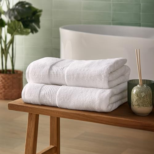 Silentnight Luxury Cotton 2x Bath Towel - Luxuriously Soft & Super Absorbent Deep Pile Towel - 100% Cotton BCI - Textured Waffle Border Bath Towel - 130 x 70cm - Machine Washable, White, 2 Pack