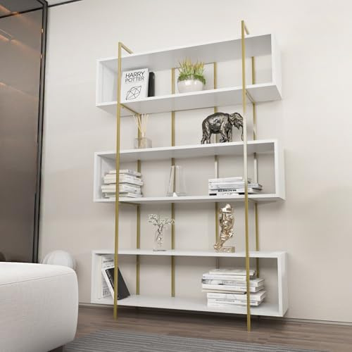 Elegant White & Gold Bookshelf, 120 x 180 x 29.6 cm | 100% Melamine Coated Particle Board, 18 mm Thick | Stylish Storage for Modern Home & Office