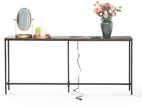 FurnitureR L180cm Console Table, with Charging Station, Slim Sofa Table, Industrial Entrance Desk with 2 USB Ports, Narrow Desk for Entryway, Hallway, Living Room, Office Rustic Brown