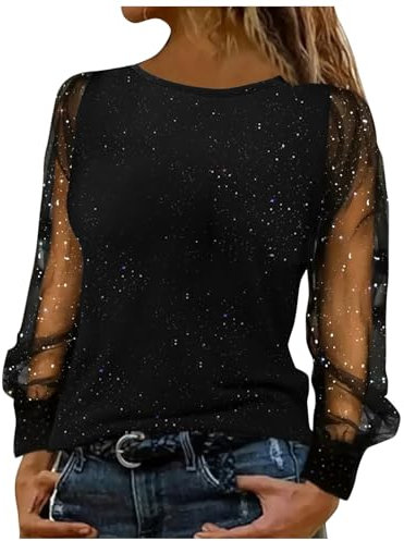 Keepink Sparkly Tops for Women UK Party Wear Lace Mesh Sheer Long Sleeve Top Elegant Dressy Blouse Crew Neck Sequin Tee Shirts Trendy Casual Glitter T Shirt Baggy Tunic Jumper Sale