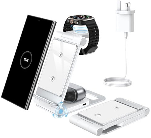 Wireless Charger for Samsung 3 in 1 Wireless Charging Station Foldable Wireless Charger Stand for Samsung S25 Ultra S24 S23 S22 Z Flip Z Fold 6 5 for Galaxy Watch 7/6/5/4 for Galaxy Buds Silvery White