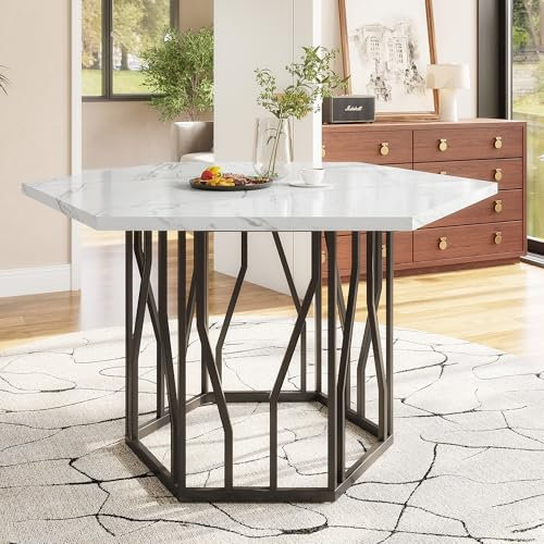 Merax Esstisch Klein, sechseckiger Marmormuster Esstisch, für 2-4 Personen, Metallrahmen, verstellbareTischbeine, geeignet für Restaurant,Wohnzimmer,Küche,Esszimmer, Weiß/Schwarz, 115.5x100x75 cm