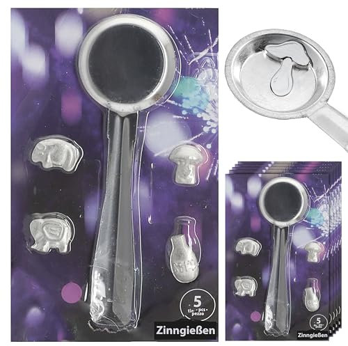 Zinngieß-Set 5tlg. 6er Set | Gieß-Löffel 4 Hohlfiguren | 13,5x21cm Zinn silberfarben | Silvesterbrauch Deutungstabelle Zinngießen (6)