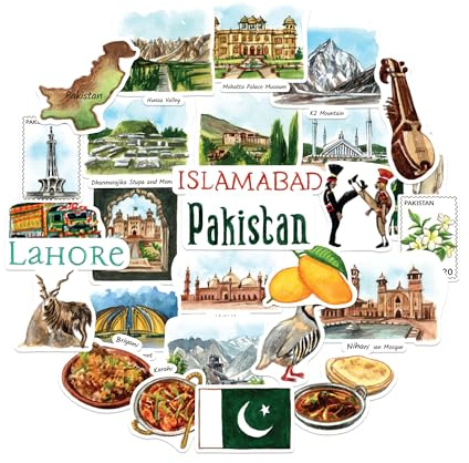 Navy Peony Malerische Pakistan-Reisesticker (28 Stück) – Aquarell, Islamabad, Pakistans Kulturerbe – Aufkleber für Journale, Scrapbooks und Gepäck
