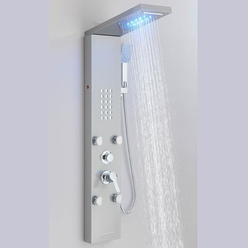 Shower Panel Column Tower- Waterfall, Rainfall Shower Head, Handheld, 4 Body Jets(2 Modes) and Waterfall Bathtub Spout, 6 in 1 Shower Column System Set with Led Light Brushed Nickel