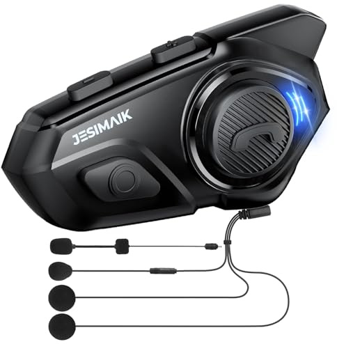 JESIMAIK Motorcycle Helmet Bluetooth Headset, 10 Way 2KM Helmet Communication System, Multitasking Audio Motorcycle Intercom, 2 Mics&40mm Speaker, 1 Pack