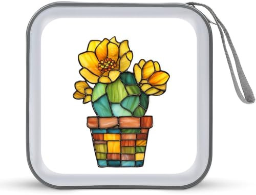Jubonexis Stained Glass Cactus Plant with Flowers CD Case DVD Storage Case Portable for Car Home Travel
