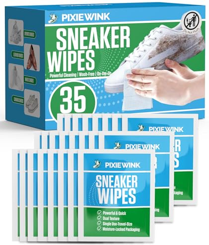 Pixiewink Shoe Cleaner Wipes, Trainer & Sneaker Wipes for Shoes | 35 Pack, Dual-Sided Individually Wrapped Shoe Wipes, Waterless Cleaning for White Shoes, Trainers, Sneakers, Leather & Canvas