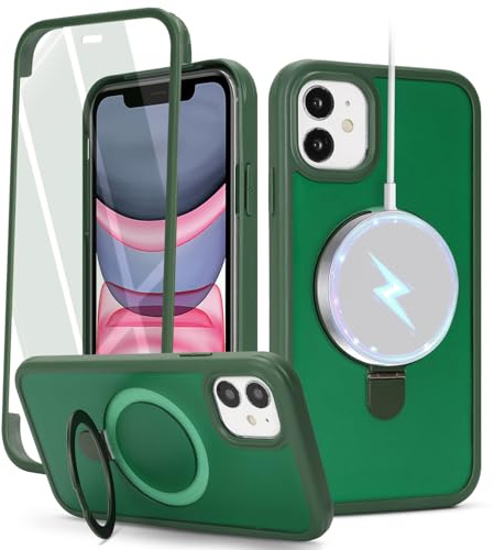 Zouzt Matte for iPhone 11 Case 6.1 Screen Protector, Dark Green | With Stand, 360 Full Body, Translucent Matte, Military Grade Drop Proof, Shockproof Protective, Anti-Fingerprint Phone Case