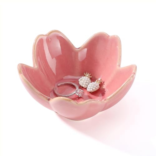 YZMICSTAR Pinbk Flower Ring Dish Holder,Jewelry Dish Tray,Small Trinket Tray,Jewelry Plate Bowl,Key Bowl,Decorative Plate,Birtdhay Christmas Gifts for Women Friends,Ceramic Kiln effect White