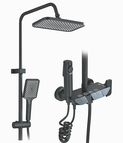 Hevenaov Thermostatic Shower System (Black), Stainless Steel Shower Faucet (with ABS Rainfall Shower Head), Complete Shower Set with Rain Shower, Adjustable Shower Rod, Shower Set
