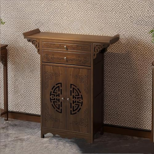 YCCYHQ Console Ingresso Stile Rustico, Tavolo da Divano con Ripostiglio per Offerte di Statue Buddiste, Base Meditativa Cinese con Porta Intagliata(80cm/31.5in)