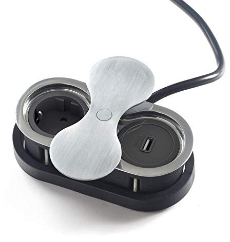 SOTECH Prise encastrable (1 x port USB / 1 x prise Schuko) aspect acier inox avec prise avec couvercle rotatif push to open double prise pour plans de travail