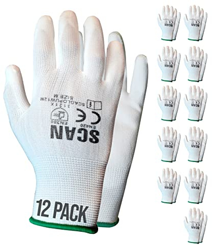 Scan SCAGLOPUW12M White PU Coated Gloves - Size 8 (12 Pairs)