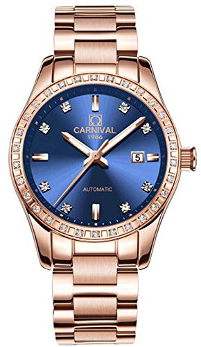 Damen Diamant Automatik Mechanisch Roségold Edelstahl Saphir Wasserdicht Damen Elegant Blau Uhr, Rotgold mit blauem Zifferblatt, Luxuriös