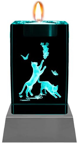 Kaltner Präsente Stimmungslicht - Das perfekte Katzen Geschenk: LED Kerze/Kristall Glasblock / 3D-Laser-Gravur Teelichthalter Katzen Kerzenhalter Katze, Katzen Figur, Katzen Deko