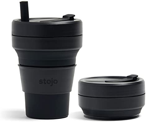 Stojo Faltbarer Kaffeebecher für unterwegs, wiederverwendbarer großer Reisebecher im Taschenformat – 710 ml - Farbe Ink, mit Trinkhalm