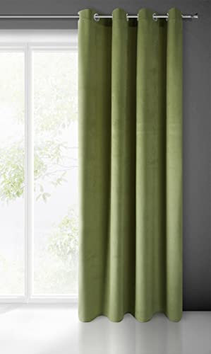 Eurofirany PIERRE Samt Vorhang mit Ösen -1 Stk. Velvet Einfarbig Gardine 200g/m², Samtvorhang für Wohnzimmer Schlafzimmer, 140x250 cm, Olivgrün