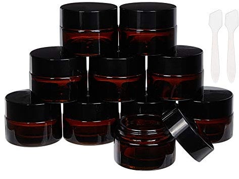 BENECREAT 15 Pack 15ml Pots en Verre cosmétique ambré foncé avec doublures intérieures Blanches et couvercles en Plastique Noir Pots en Verre Rond ambré avec 2 cuillères pour lotions de beauté