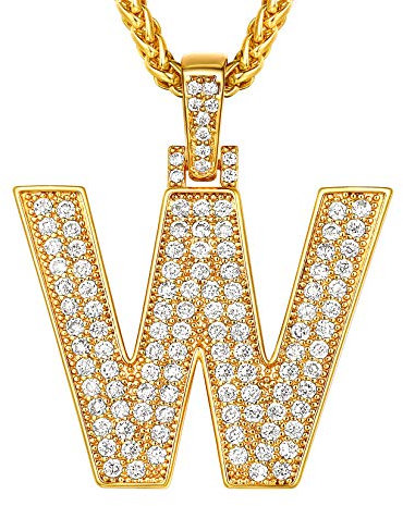 Suplight 18k vergoldet Buchstabe W Kette Iced-Out Initiale Anhänger Halskette für Männer Jungen 56+5cm Weizenkette Hip Hop Rapper Modeschmuck Accessoire