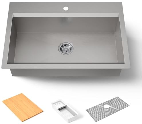 KOHLER 80084-1PC-NA Task™ 33 Top-/Undermount Single-Bowl Workstation Sink, Includes Kitchen Sink Accessories, Stainless Steel, 1 Faucet Hole
