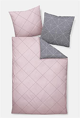 Palermo Janine Mako Satin Bettwäsche-Set 2tlg grau rosa 2 teilige Wende 155x220cm & Kissen 80x80cm Geometrisches Muster