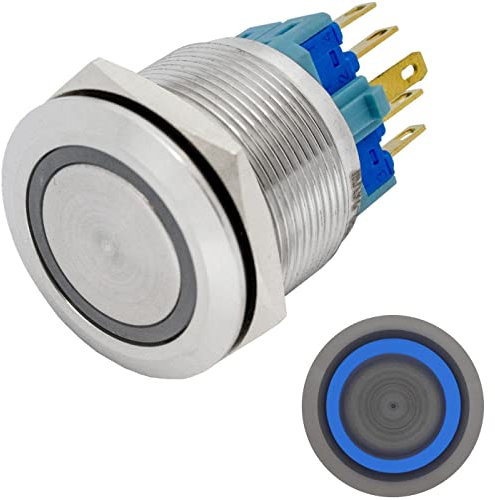 Lumonic Pulsante piatto in acciaio inox diametro 25mm I Con un LED ad anello in blu Dimensioni: 2,8x0,5mm Pin 250V 3A I Antivandalo secondo standard IP65