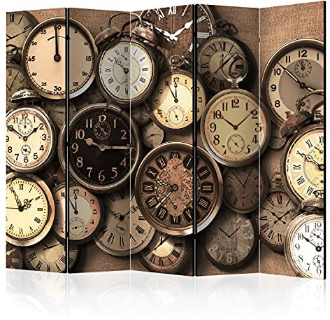 murando - Paravent Raumteiler Innen Retro Vintage 225x172 cm 5-teilig Einseitig Raumtrenner Trennwand Holz Mobiler Sichtschutz Spanische Wand Raum Abtrennung römische Ziffern Uhren braun f-C-0094-z-c