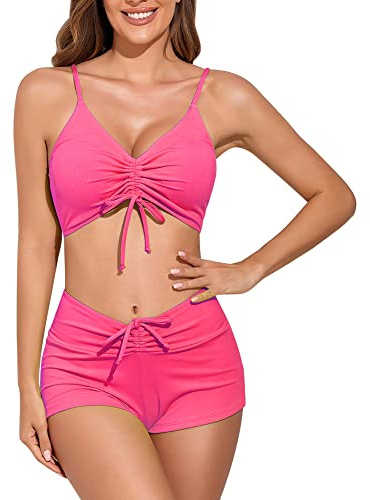 meioro Maillots de Bain uni pour Femme Bikini Short noué sur Le Devant Ensembles Maillots Deux pièces Femme Swimwear athlétiques Maillot de Bain Taille Haute Beachwear(Rose Vif,L)