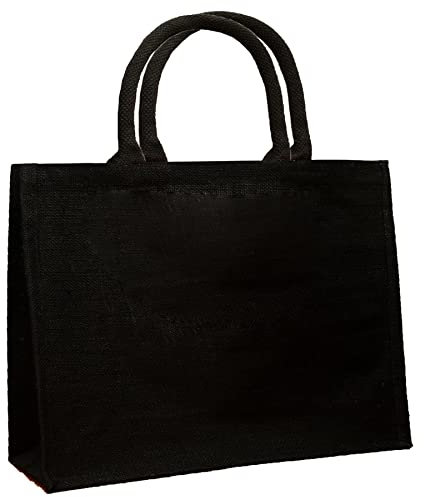 Roseley Strong Jute Shopping Bag Webbed Handles & Waterproof Lining Large Reusable Hessian Veggie Grocery Shopper Bag [Black]