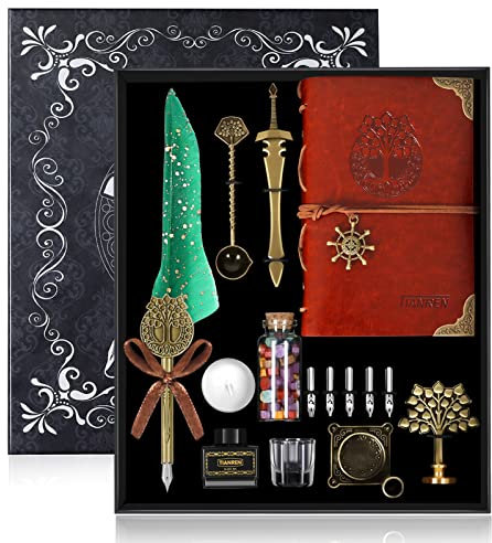 TIANREN Quill Stift und Tinte, Feder-Dip-Stift, antiker Kalligraphie-Stift mit 5 austauschbaren Spitzen, Wachssiegel-Stempel-Set, Wachsperlen und Leder-Schreib-Notizbuch (grün)
