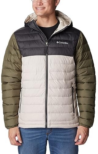 Columbia Men's Powder Lite Hooded Jacket, Hooded Puffer Jacket, Dark Stone/Shark/Stone Green, Size L