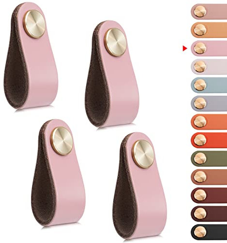 LEREATI 4pcs Poignée Meuble Cuir, Bouton Porte Placard Poignee Cuir Bouton de Tiroir, Poignee de Meuble Vintage pour Armoires, Commode, Cuisine, Salle de Bain (Rose, Monotrou)