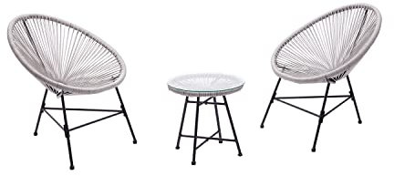 CONCEPT USINE - Salon de Jardin - Ensemble Bistrot 3 pièces Rotin Naturel : 2 Fauteuils Oeuf + Table Ronde Acapulco Gris Clair | Cordes Polyéthylène Résistant | Intérieur Extérieur | Résiste à l'eau