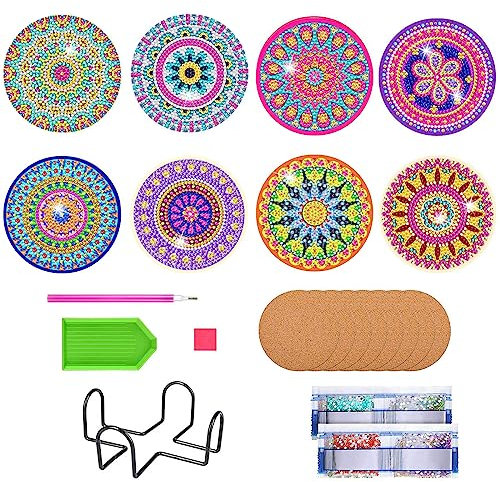 8 Stück Diamond Painting Untersetzer mit Halter, Diamond Painting Erwachsene, Wiederverwendbare DIY Böhmen Tassenuntersetzer mit Diamanten und Montagewerkzeuge fur Tassen,Vasen, Kerzen Dekoratio