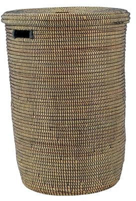 YAADU Wäschekorb mit Deckel 80L – Großer Wäschesammler mit Deckel, Geflochtene Wäschetonne, Boho Wäschekorb mit Henkeln, Wäschebehälter für Schmutzwäsche, Modell Dangote (Schwarz-Flach)