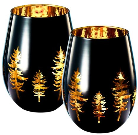 Crystal Holiday Winter Christmas Trees Black & Gold Stemless Wine Glasses - Set of 2 - Glass Colored Vibrant Etched Forest Tree Frosted Glass, Perfect for Parties Gifts For Him Her Gift (14 OZ)