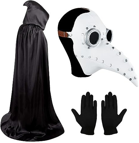 Skystuff Plague Doctor Mask, Halloween Long Nose Bird Beak, Steampunk Latex Birds Beak Mask with Gloves and Hooded Cloak, Costume, Props for Party Cosplay Party, White Silver